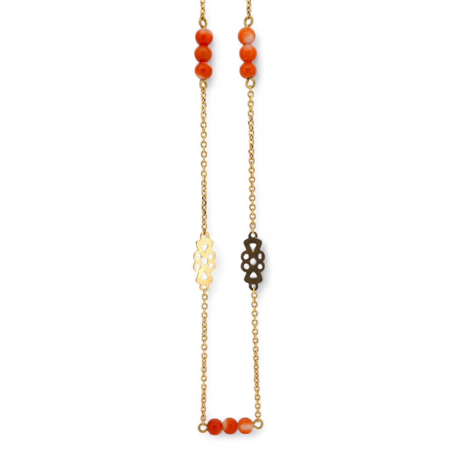 A recent yellow metal and coral bead set necklace, 40cm, gross weight 3 grams. Condition - good